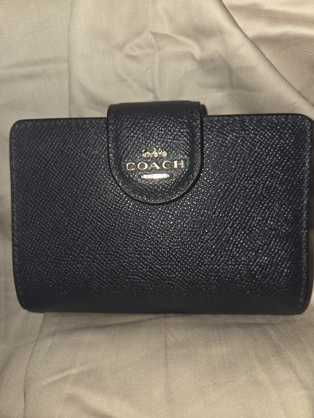 Coach Pebbled Leather Compact Wallet - Navy Blue